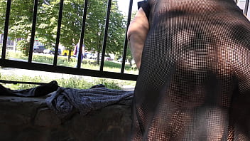 Preview 2 of Sexy Blonde Casting - Hairy mature in transparent dress flashing in the park