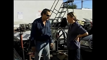 Preview 1 of Gig Gril Sex - Sexy babe with small perky tits rides car mechanic&#039_s big cock on garage floor