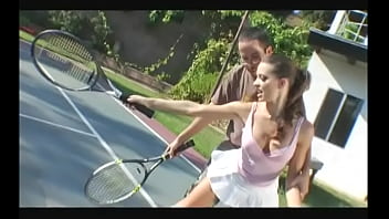 Preview 1 of Suzie Dirty D - Cheerful brunette in a short skirt gives a guy a blowjob on the tennis court