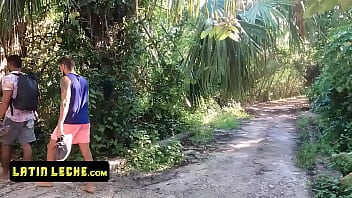 Preview 1 of Three Player Games - Latin Leche - Lucky Stud Runs Accros Sexy Latin Machos Pleasuring Themselves On The Beach And Joins