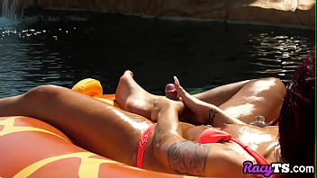 Preview 1 of Amber Heard Lesbian - Trans beauty bent over and fucked outdoors poolside