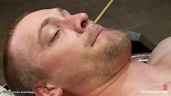 Preview 2 of Cooker Hd Video Xx Video - Bound in stock wall man fucked by TS
