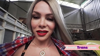 Preview 2 of Wife Sleeping Fuck Stringer - Big ass trans beauty jerked by the mechanic in garage