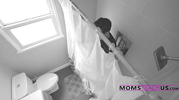 Preview 1 of Eye Roll Cum - Shower Glory Hole Prank Gets Virgin StepSon Inside StepMom And StepSis