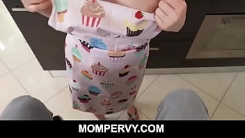 Preview 2 of Mom Releasing Son - Careful MILF stepmother Christie Stevens making dinner during taboo fucks her stepson