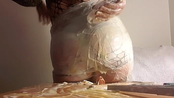 Preview 3 of Xxxns Bideo - Juicy Lucy Splooshing Wrapped in Clingfilm and Fishnets