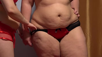 Preview 1 of With Puffy Pussy Lips Handles - Fat lesbians in red lingerie love deep vaginal fisting and hole stretching and gaping pussy and hairy cunt licking Home fetish