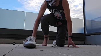 Preview 3 of Granny 3some Sperm - horny masturbator outdoor from sneaker to barefoot