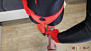 Preview 2 of Spy2wc 10 - SpandexQueen sucks dick   balls in her black and red spandex suit and gets a huge facial