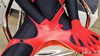 Preview 1 of Spy2wc 10 - SpandexQueen sucks dick   balls in her black and red spandex suit and gets a huge facial