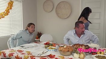Preview 1 of Latex Pissing Lesbians Hd Free - StepFamily Thanksgiving Under The Table Action