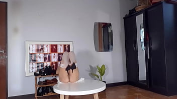 Preview 2 of Paris Booty - Regina Noir trying on high heels. Striptease in white lingerie and stockings 2