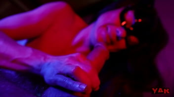 Preview 3 of Ghetto Chabee Creamy Lesbian - A masked woman sucks a big cock with an ending in her mouth a gentle blowjob in neon light to the music