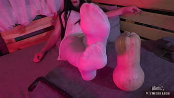 Preview 2 of Homemade Ebony Pyt - Nylon Feet Rubbing The Big Elongate Pumpkin