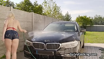 Preview 2 of Mother And Her Son - Titty fucking big tit car cleaning girlfriend