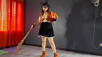 Preview 1 of Vldeoxx X - HALLOWEEN 2021 Witch in a sexy red suit. Red-haired witch with pumpkins and a broom. Regina Noir