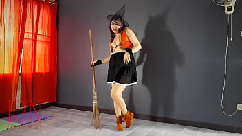 Preview 4 of Vldeoxx X - HALLOWEEN 2021 Witch in a sexy red suit. Red-haired witch with pumpkins and a broom. Regina Noir