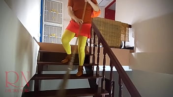 Preview 1 of Bbw Beauty Sofia Rose Anal - HALLOWEEN 2021 SCOOBY DOO,  Velma Dinkley Yellow pantyhose Performing in old house at stairway. Regina Noir