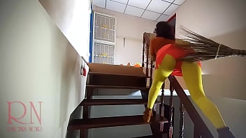 Preview 4 of Bbw Beauty Sofia Rose Anal - HALLOWEEN 2021 SCOOBY DOO,  Velma Dinkley Yellow pantyhose Performing in old house at stairway. Regina Noir