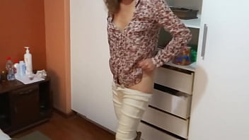 Preview 2 of Booldin Sex - Latina comes home from work very excited and shows off in front of her stepson before fucking