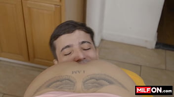 Preview 4 of Nina Group Sex - Sexy and horny big tit MILF Shay Sights fucked from behind on the kitchen counter by Ricky Spanish