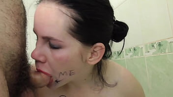 Preview 1 of Dani Daniyals Young - Hot bitch sucks dick and gets cum on her face. Sex service in the bathroom