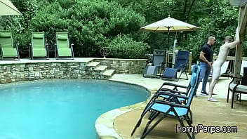 Preview 3 of Nurse Oral - Security guard having fun with trespasser by the pool
