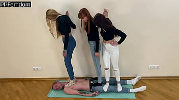 Preview 2 of Redhead Mother Throat Fucked - Triple Full Weight Trampling Femdom With Mistresses Kira,  Sofi and Agma