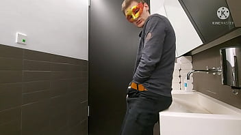 Preview 1 of Big Black Cok Com - Teen boy riding dildo on public toilet