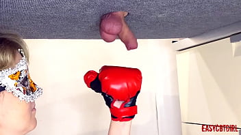 Preview 2 of Pregnent Milky Bhabhi - Blonde puts on boxing gloves and makes a chop of slave&#039_s dick and balls on the milking table AnnyCandy Painboy
