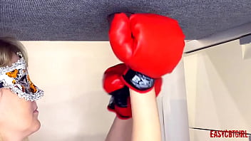 Preview 3 of Pregnent Milky Bhabhi - Blonde puts on boxing gloves and makes a chop of slave&#039_s dick and balls on the milking table AnnyCandy Painboy