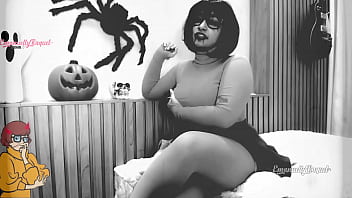 Preview 1 of Home Mad Boss Fuck - Zoombie Velma Dinckley Scooby Doo cosplay for halloween red light green light game,  sucking hard on her dildo and teasing with her butt plug,  do you want to play??