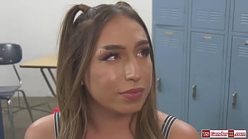Preview 1 of Pointy Tit Teen Fuck - Trans cheerleader Paradise is barebacked