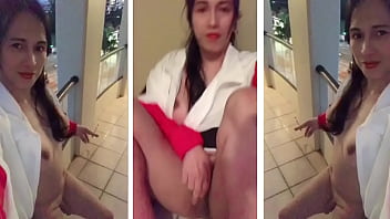 Preview 4 of Xxnx Porno Black - gorgeous shemale shows naked in balcony while smoking