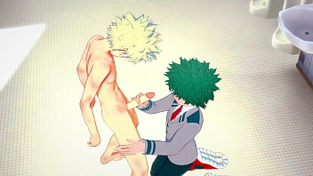Preview 1 of Paris Moviescom - My Hero Academia Yaoi - Midoriya handjob and fucked by Bakugou in the bathroom - Japanese asian manga anime game porn