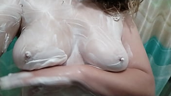 Preview 3 of Sixteen Age Boys - Busty MILF Mary plays with her real tits and hard nipples in the bathroom - solo nipple masturbation and real female orgasm