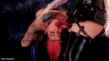 Preview 2 of Pure Xxxcom In Gym - smoking lesbian domination in PVC Mistress and Strap-on FaceFuck Sucker Submissive Girl- Fetish Pin Up Arya Grander and model Dredda Dark