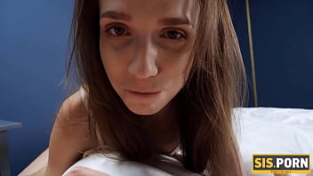 Preview 2 of Chastity Belt Blowjob Tease - SISPORN. Chick with shaved pussy has face covered with stepbros cum