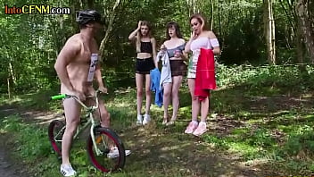 Preview 1 of Married Couple Love Smalls - CFNM dominas suck and jerk outdoors in this kinky group