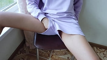 Preview 1 of Old Man And Womens Sex - Slut in shorts plays her wet pussy on the balcony