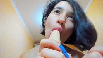 Preview 2 of Bee Sting Clit - Sexy beautiful Myla Angel sucking dildo with passion,  showing tits and pussy!