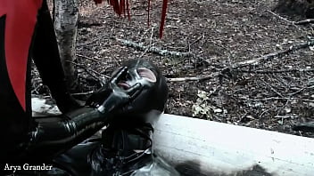 Preview 3 of Lily Labeula Rimjib - latex rubber fetish video with bdsm couple (Arya Grander)