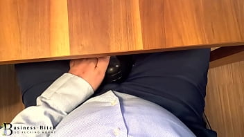 Preview 2 of Virgne Boy - secretary in shiny pantyhose n leather boots gives boss secret footjob - he cums in business pants,  businessbitch