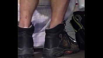 Preview 1 of French Virgin Girl Deflowered - Sexy mature man in work boots riding big dildo