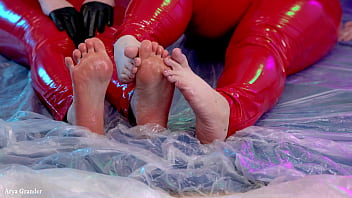 Preview 2 of Sexax Vidio - feet fetish and food fetisch honey play with 2 lebians in PVC Arya Grander and model Fetishaura