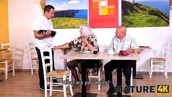 Preview 2 of American First Sex - MATURE4K. Old man cant satisfy wife so she makes move on handsome waiter