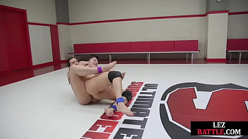 Preview 2 of Lesbian Nipple Sucking Orgasms - Dominant les strapon fucks after winning wresling battle
