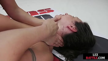 Preview 4 of Lesbian Nipple Sucking Orgasms - Dominant les strapon fucks after winning wresling battle