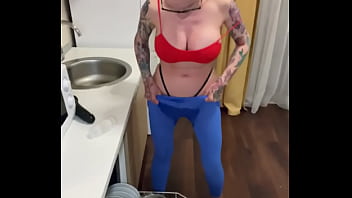 Preview 4 of Ainslee Divine Porno - crazy baldgirl squirting on the kitchen,  orgasm with dildo