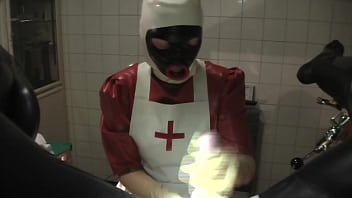 Preview 4 of German Maid Creampie - Rubbernurse Agnes - clinic red nurse dress,  white apron,  black fellatio mask,  Part 1: blowjob,  handjob,  prostate massage